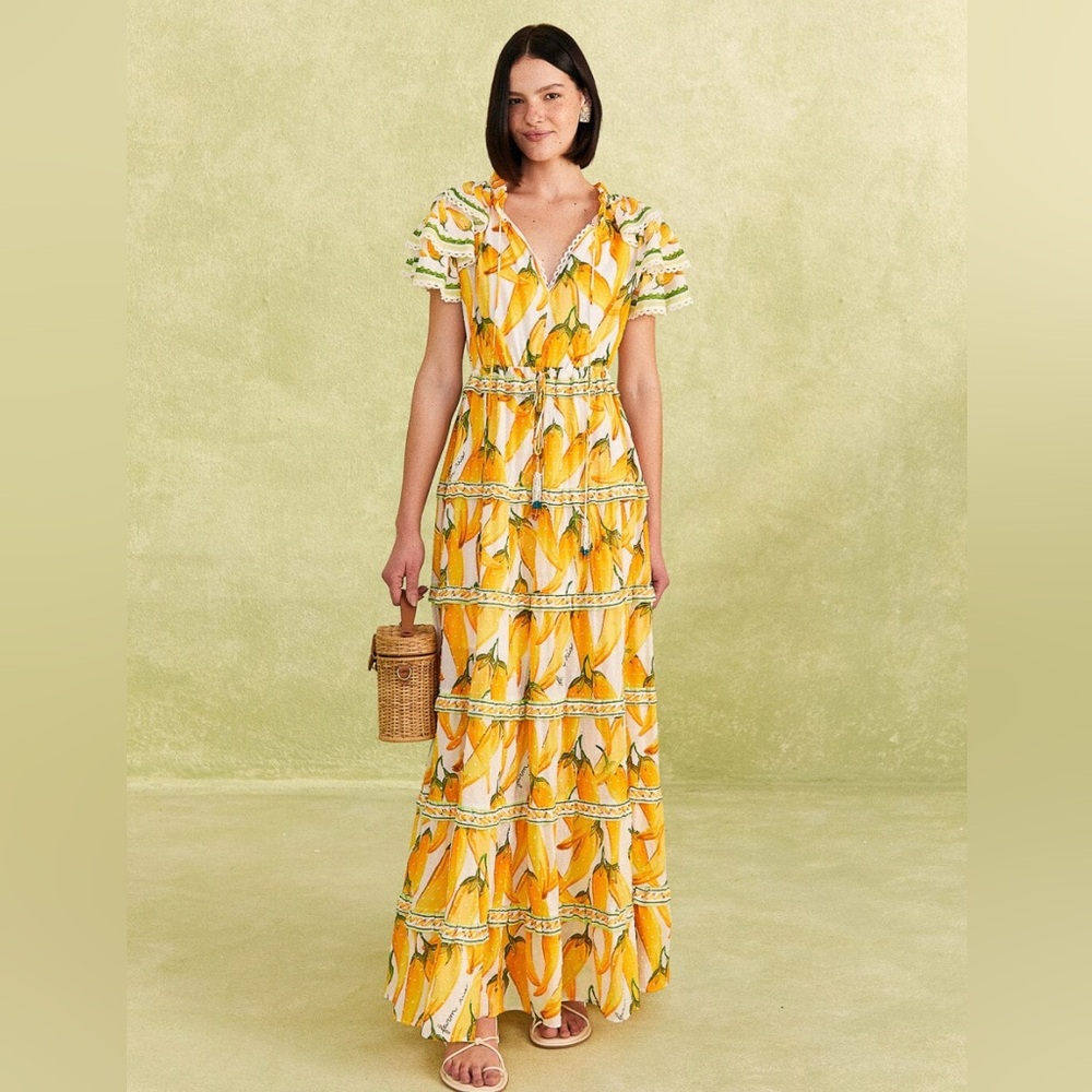 FARM Rio Yellow White Banana Print Maxi Dress